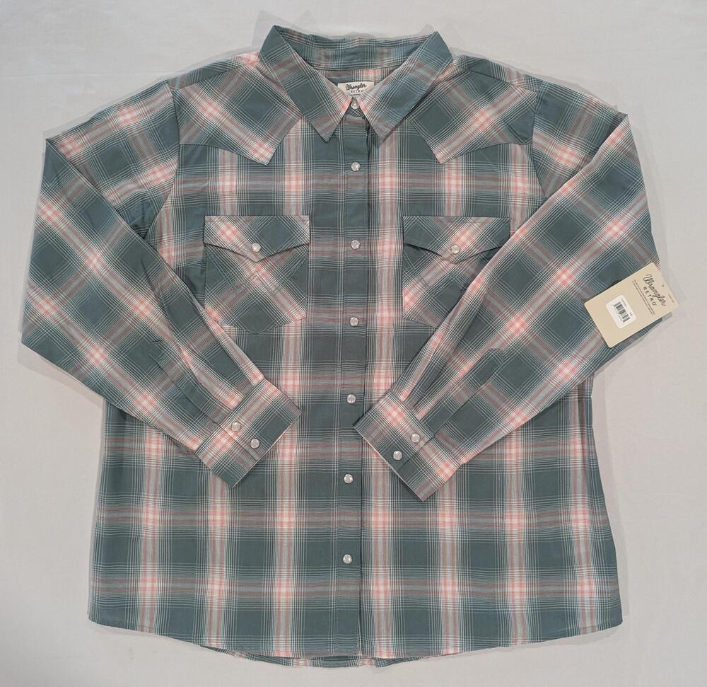 Wrangler Retro Shirt Mens 2XL Green Plaid Long Sleeve Western Pearl Snap